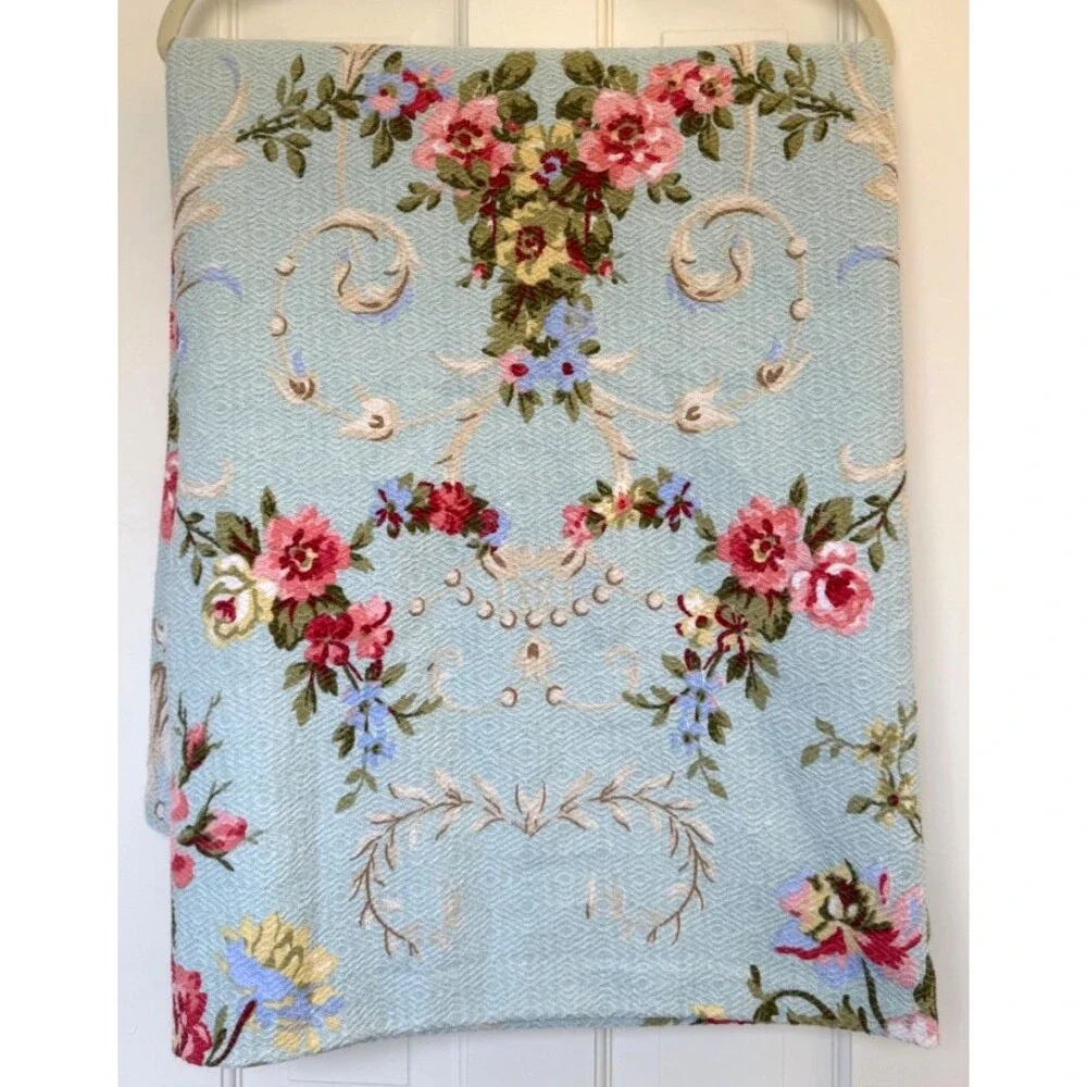 2 Vtg Floral Bedspreads Coverlets TWN Aqua Blue Pink Roses Shabby Cottagecore